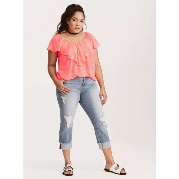 Torrid Neon Coral & White Doodle Print Georgette Ruffle Blouse Women's 2X - Picture 8 of 8